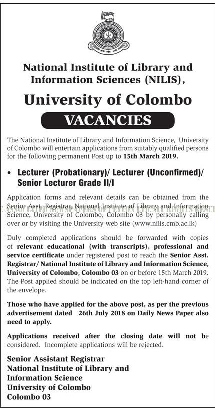 Lecturer, Senior Lecturer - University of Colombo